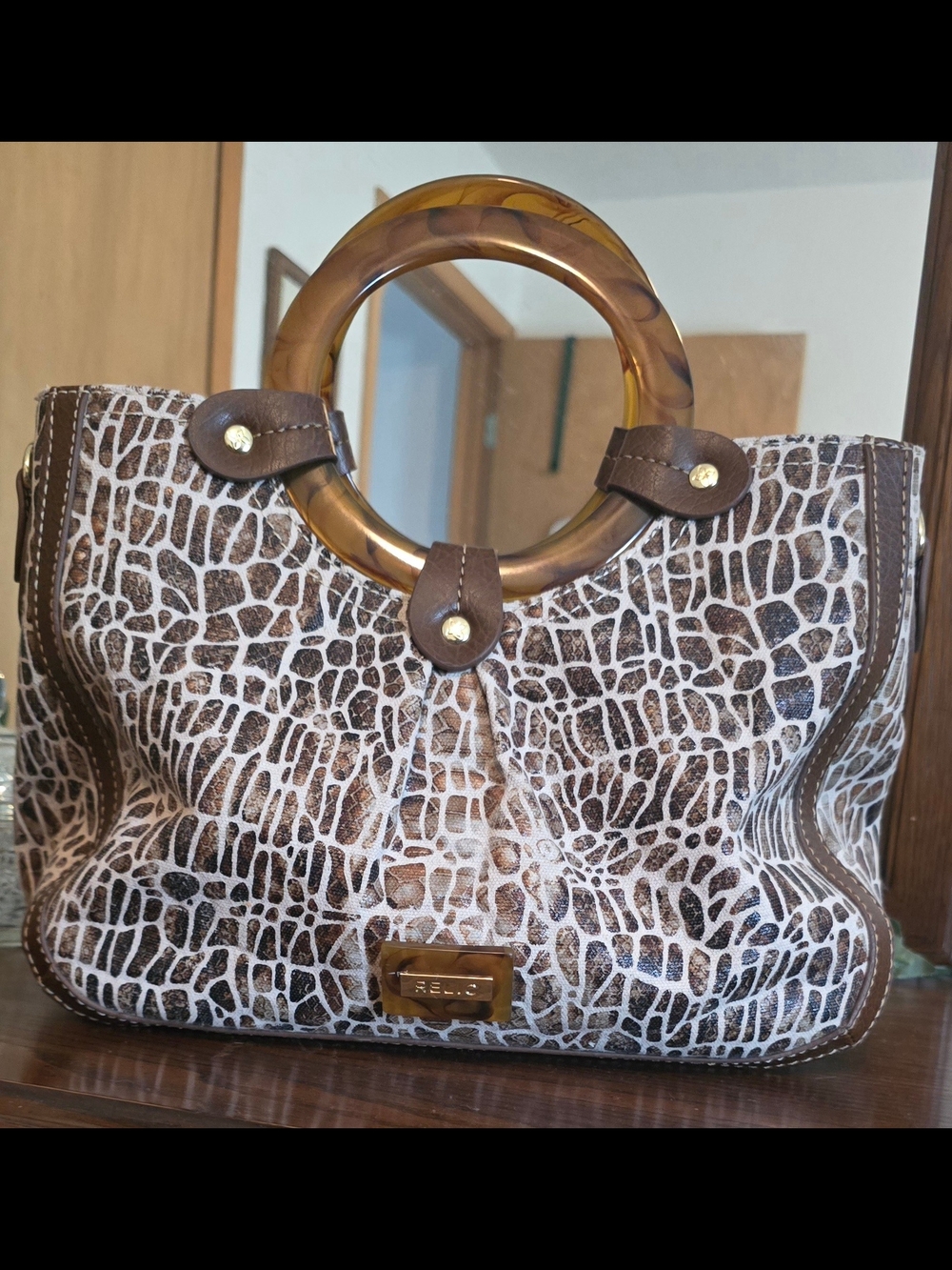 Relic Brown Croc-Print Tote with Amber Tortoise Shell Plastic Ring Handles